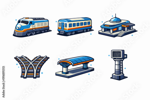 Train transportation icon set, including locomotive, passenger car, station, and rail