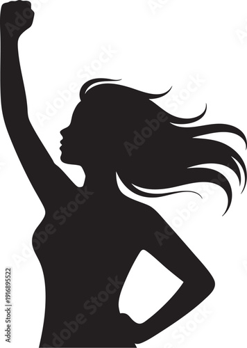 Silhouette of woman with raised fist and flowing hair, symbol of feminism and empowerment