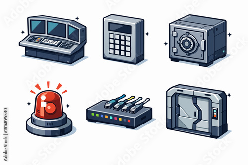 Security and cybersecurity icons collection with data center, vault, and control panel