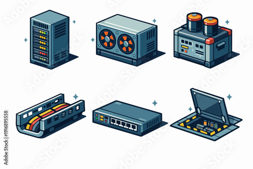Data center equipment set with servers, networking hardware, and cooling systems