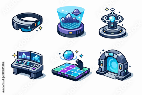 Future technology concepts illustration with vr headset, hologram, and digital portal