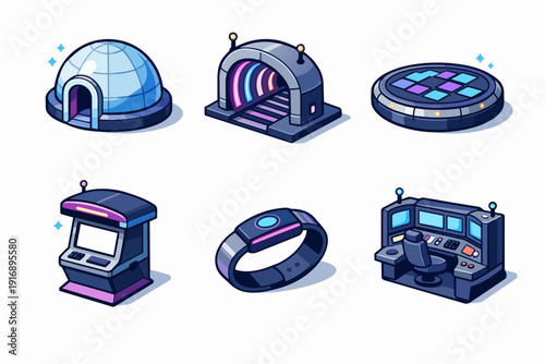 Futuristic isometric game icons set for technology, cyberspace, and arcade themes