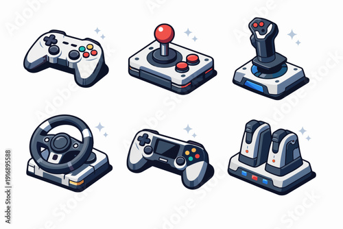 Gaming controllers accessories isometric illustration set with joysticks, steering wheel