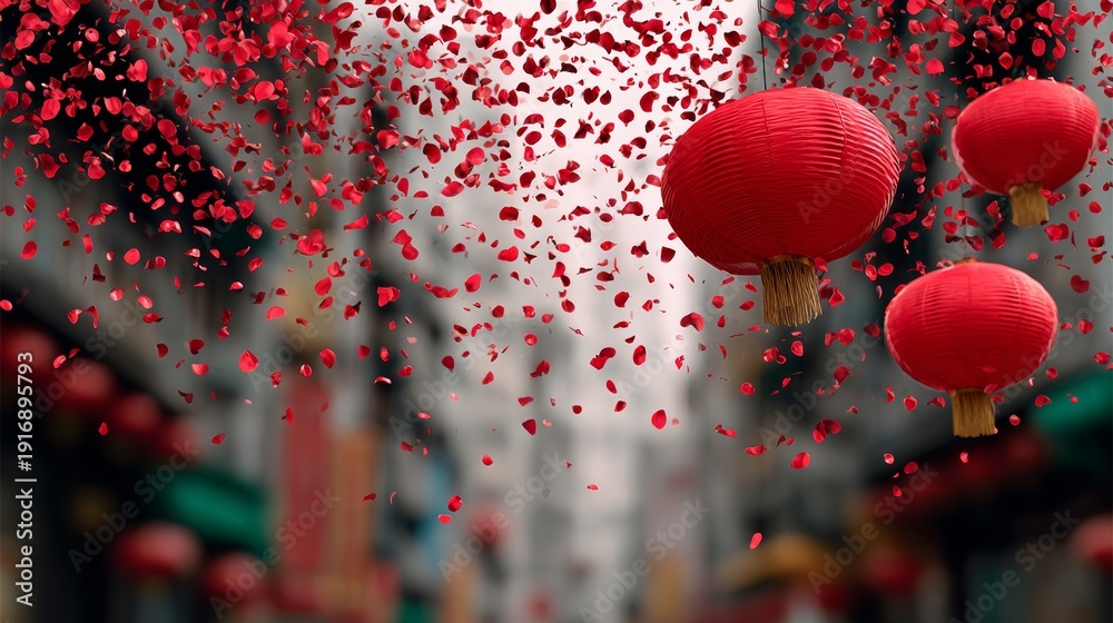 Naklejka premium A red lantern is flying in the air with red petals falling around it. The scene is set in a city with buildings in the background. The lantern and petals create a sense of celebration and festivity