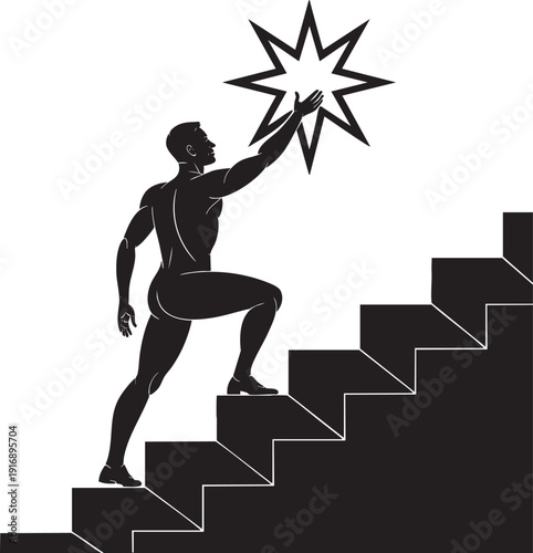 Man climbing stairs towards shining star, symbol of ambition and success