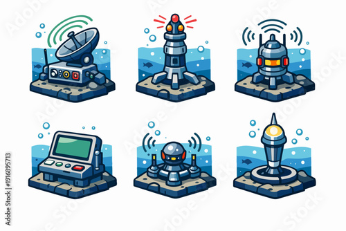 Underwater research stations collection, marine laboratory technology and exploration icons