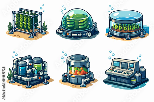 Underwater farming isometric icons set growing various crops and algae in tanks