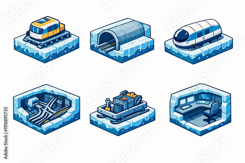 Isometric arctic research base station elements and futuristic snow vehicles set
