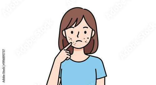 A young woman with brown hair points a finger at her cheek, showing a worried expression about her facial acne.