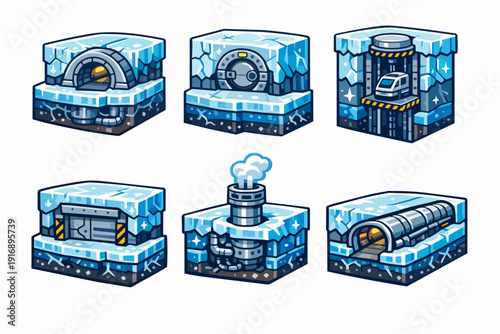 Isometric ice base game assets showing winter industrial buildings and infrastructure