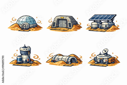Space colony habitat and futuristic mars base icons on a desert planet surface