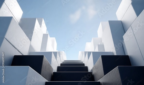 Abstract architectural cubes, ascending, against a light blue sky.