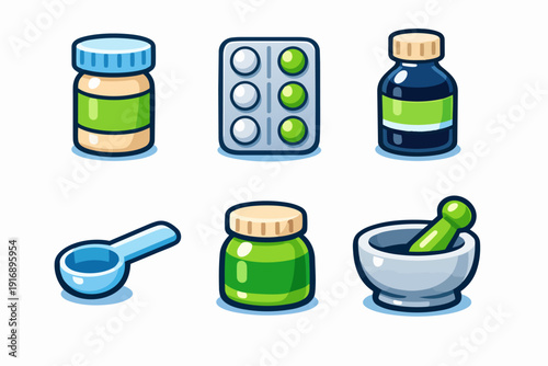 Medical supplies and healthcare objects set with pill bottles, blister pack, mortar
