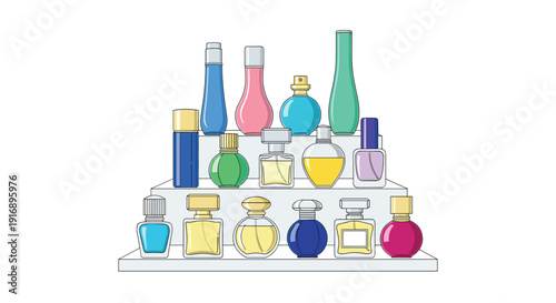 A diverse collection of various colorful perfume bottles and cologne containers is neatly arranged on tiered white shelves.