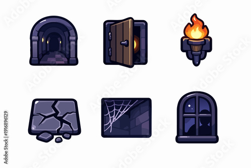 Fantasy rpg dungeon game asset icons depicting essential structural elements