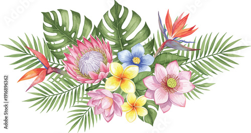 Colorful tropical flowers and leaves arrangement in a vibrant floral display