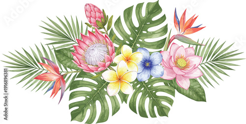 Tropical floral arrangement with colorful flowers and lush green leaves on white background