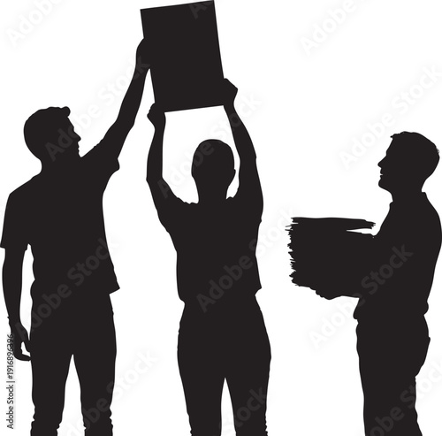 Three people holding up papers and stack of documents, symbolizing presentation teamwork information sharing and documents