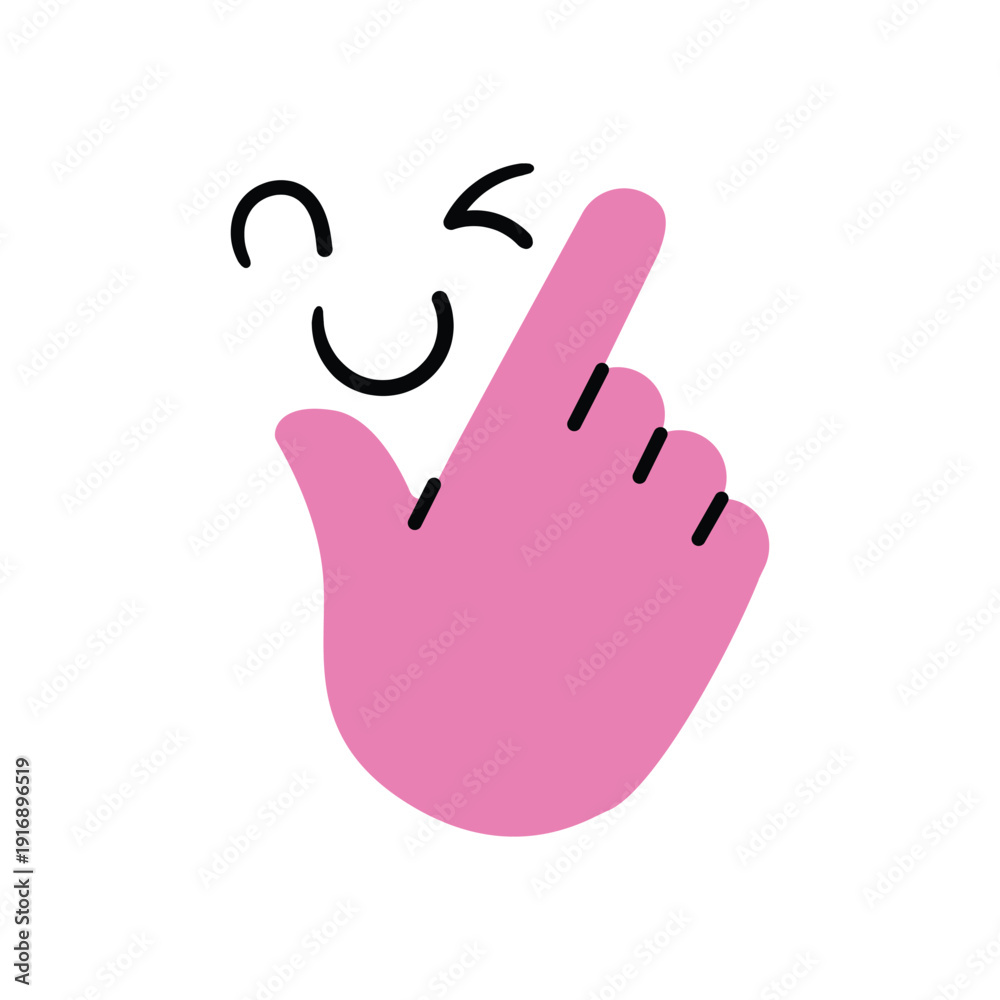 Obraz premium Pink hand pointing with index finger and winking smiley face symbolizing joy and selection. Hand drawn doodle illustration vector design.