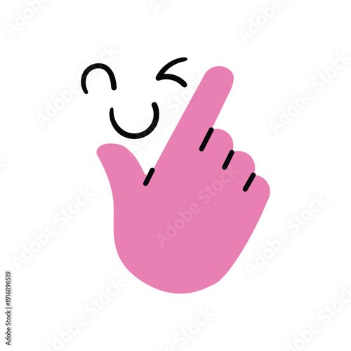 Pink hand pointing with index finger and winking smiley face symbolizing joy and selection. Hand drawn doodle illustration vector design.