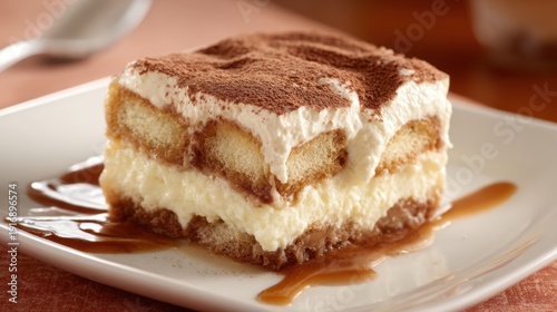 Wallpaper Mural Delicious tiramisu dessert on a plate with cocoa and caramel. Torontodigital.ca