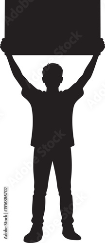 Silhouette of man standing holding blank sign, protest, demonstration, empty board, message