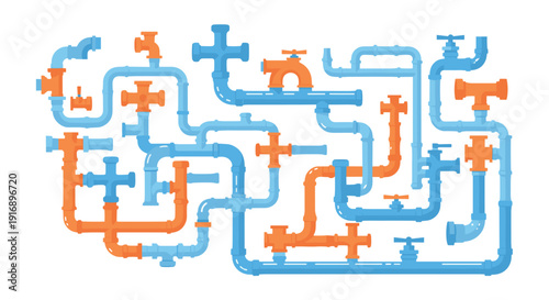 A complex arrangement of blue and orange industrial pipes with numerous valves, fittings, and connection points.