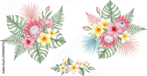 Vibrant tropical floral arrangements with colorful blooms and lush greenery on white background