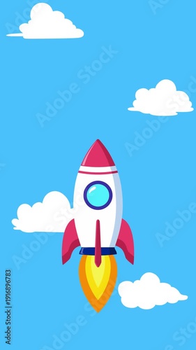 Cartoon Rocket Ship Flying Up Through Cloudy Sky Flat on 4K Animation