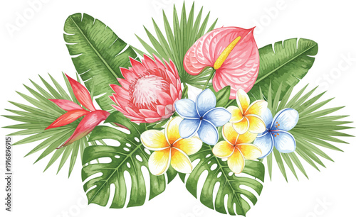 Vibrant tropical flower arrangement with green leaves and colorful blooms on white background