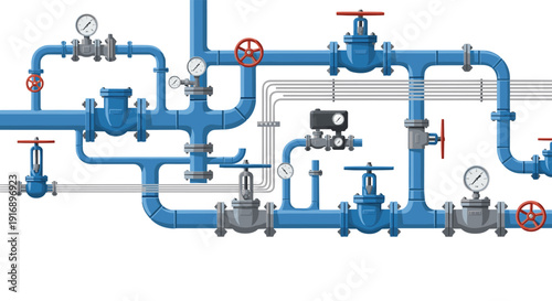 A detailed industrial pipeline system with blue pipes, red valves, pressure gauges, and numerous connections.