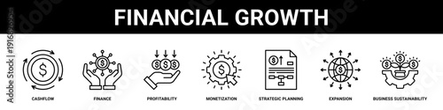 Financial Growth web banner icon set collection solid style.