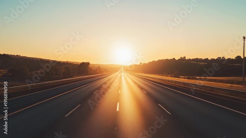Empty highway stretching into a glowing sunset, long open road toward the horizon symbolizing journey, freedom and forward movement during golden hour