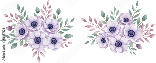 Two symmetrical floral arrangements with purple flowers and green leaves on a white background