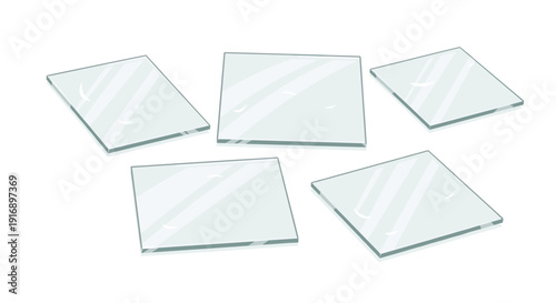 Five individual transparent square panels are neatly arranged and scattered across a pristine white background.