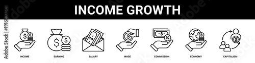 Income Growth web banner icon set collection solid style.