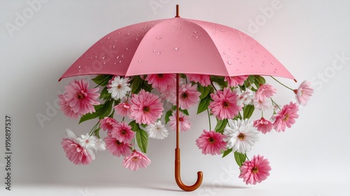 A pink umbrella with flowers on it. The umbrella is open and the flowers are hanging from it