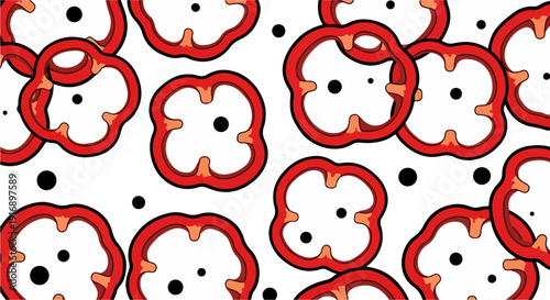 Red bell pepper slices seamless pattern. Abstract vector illustration of cut vegetables with black seeds scattered on a white background, ideal for food packaging or kitchen decor.