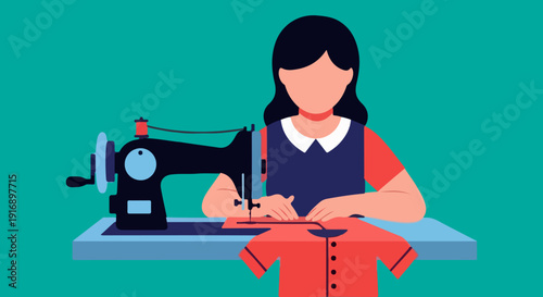 A woman is sewing a red shirt on a vintage black sewing machine, illustrating the craft of tailoring and garment production. The vector illustration features a flat