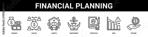 Financial Planning web banner icon set collection solid style.