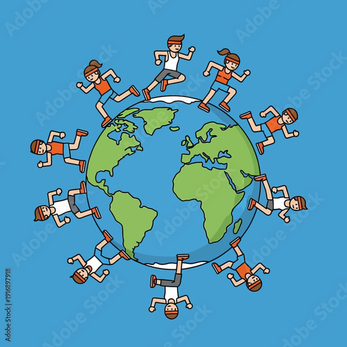 Global Running Community: Diverse People Running Around Planet Earth