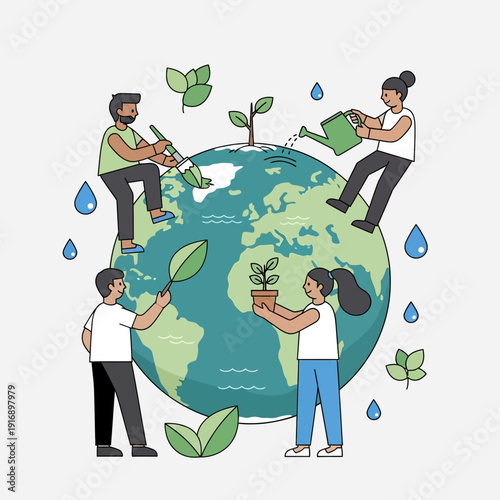 People planting and watering plants on planet Earth, environmental protection concept