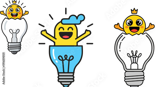 Idea and creativity cartoon character icon collection. Includes happy yellow characters with crowns emerging from light bulbs, symbolizing new ideas and innovation. Created in a cheerful flat