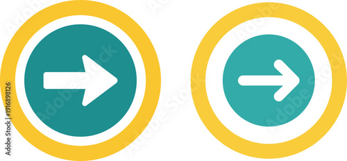 Two teal circles with white arrows pointing right inside yellow rings right arrow