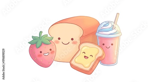 Collection of adorable breakfast characters including bread strawberry and smoothie with smiling faces