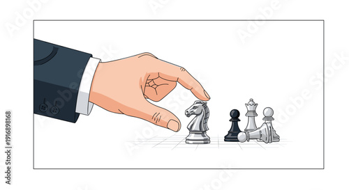 Business hand in a formal suit sleeve moving a silver chess knight piece on a chessboard during a strategic game.