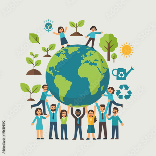 Diverse people holding up the Earth, promoting environmental protection and global unity.