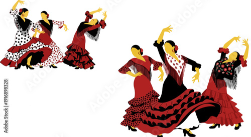 Four women performing a traditional Spanish flamenco dance in vibrant red and black ruffled dresses, with one woman in a polka dot dress, isolated on a transparent background vector illustration.