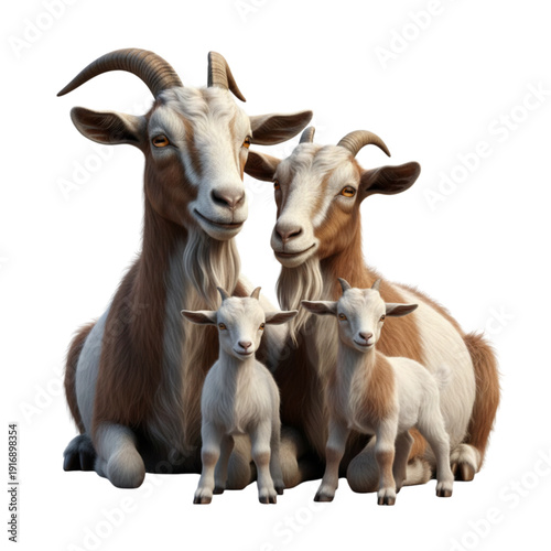 Realistic cinematic 3D illustration of a goat family featuring two adult goats and two baby kids sitting closely together in a natural resting pose. Highly detailed fur texture with natural brown, whi
