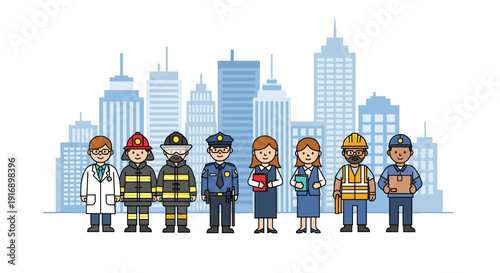 Diverse group of essential service professionals and workers standing together in front of a modern city skyline.